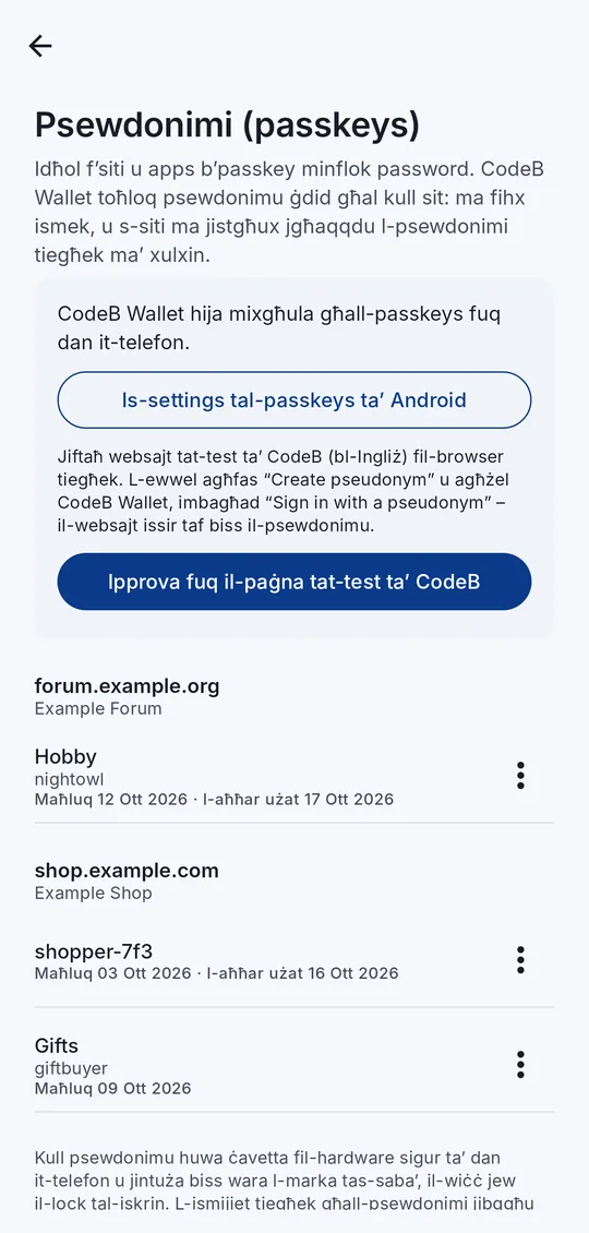 L-iskrin Psewdonimi: CodeB Wallet mixgħula għall-passkeys, psewdonimi skont is-sit
