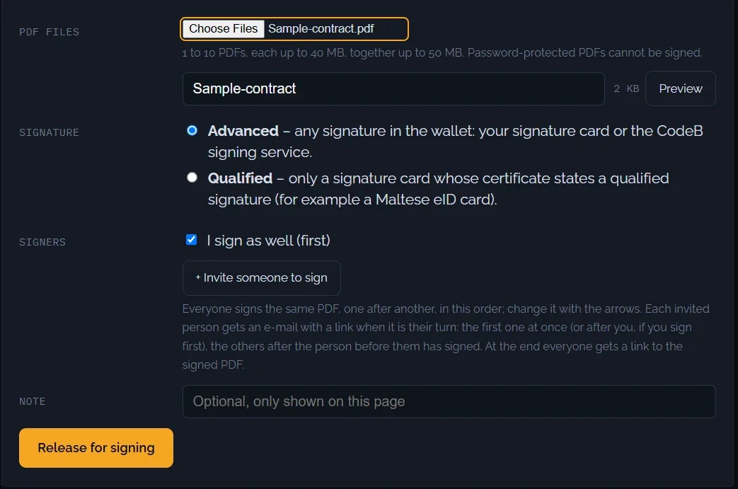 phone.codeb.io/sign-request : téléversez les PDF, choisissez le type de signature et qui signe, puis « Lancer la signature »