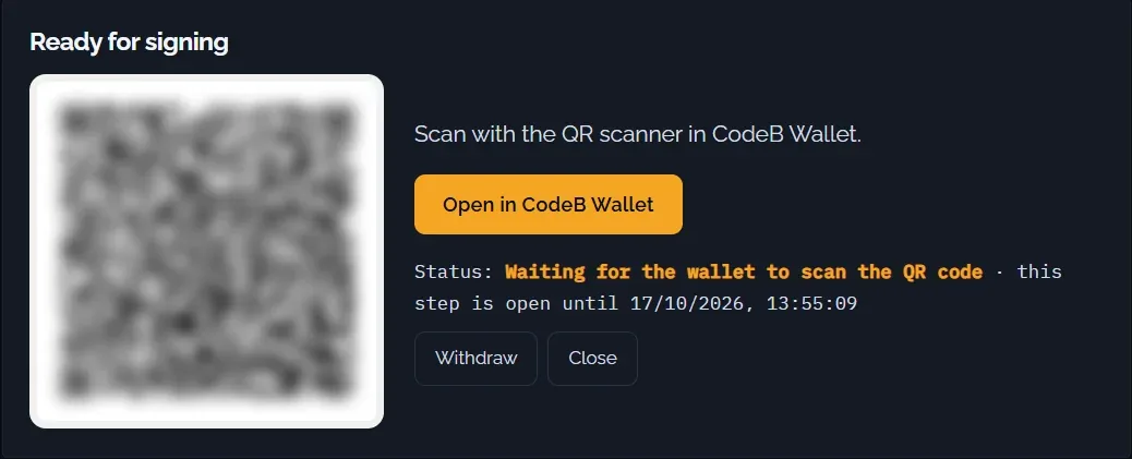 « Prêt pour la signature » : scannez le code QR avec CodeB Wallet ou appuyez sur « Ouvrir dans CodeB Wallet » (code QR flouté sur cette image)