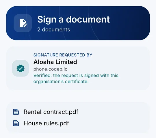 Dans CodeB Wallet : qui demande la signature (vérifié par le certificat de l’organisation) et chaque document