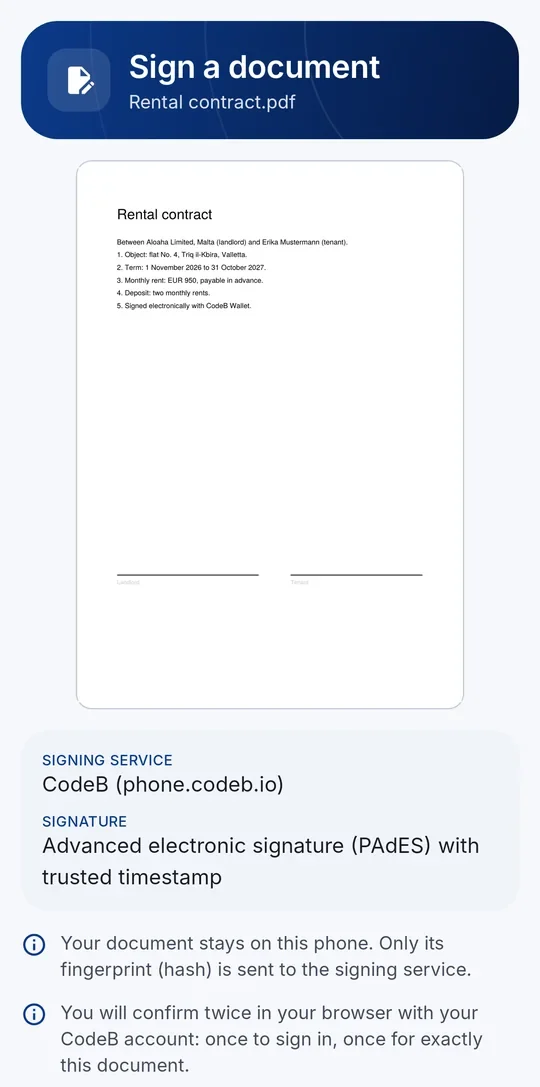 L’écran « Signer un document » : aperçu de la page du PDF, service de signature et type de signature, et une note sur la confidentialité