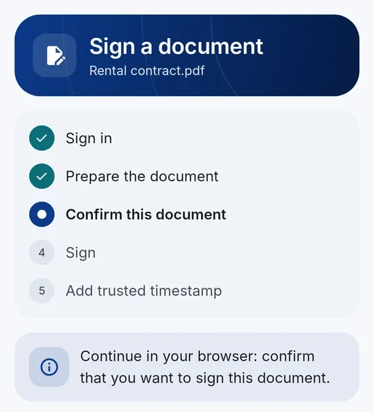 Progression de la signature : Se connecter, Préparer le document, Confirmer ce document, Signer, Ajouter un horodatage de confiance – avec le bouton « Continuer dans votre navigateur »