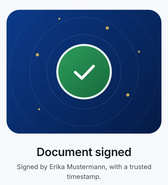 « Document signé – Signé par Erika Mustermann, avec un horodatage de confiance. » avec les boutons pour enregistrer ou partager le PDF
