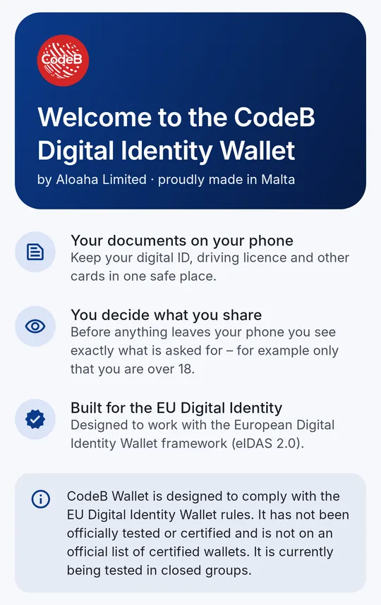 Der Begrüßungsbildschirm von CodeB Wallet