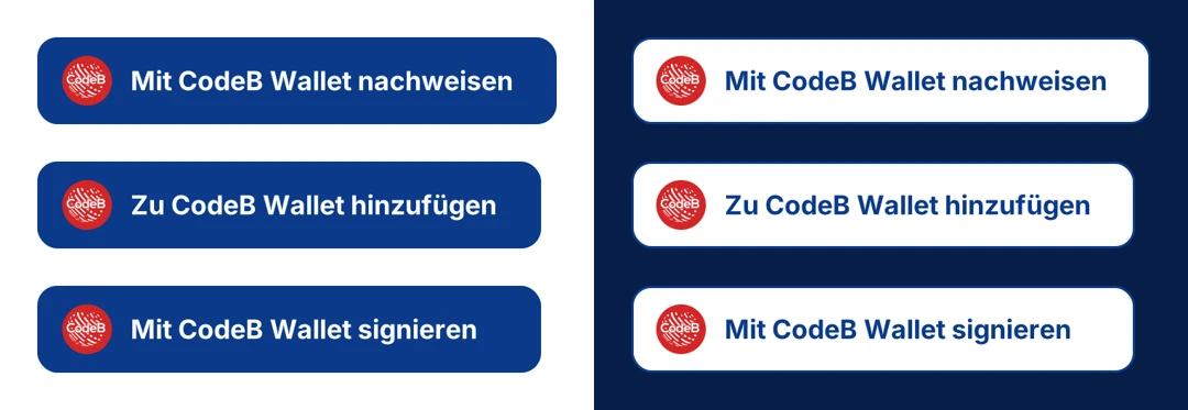 Die drei CodeB-Wallet-Schaltflächen: Marineblau auf hellem Hintergrund (links), Weiß mit marineblauem Rand auf dunklem Hintergrund (rechts)