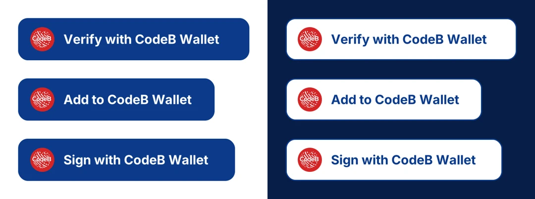 The three CodeB Wallet buttons: navy on light backgrounds (left), white with a navy outline on dark backgrounds (right)