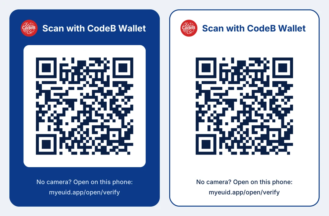 Il-qafas QR ta’ CodeB għall-iskrins (blu skur) u għall-istampar (abjad b’kontorn blu), kull wieħed b’link li jinkiteb taħt il-kodiċi
