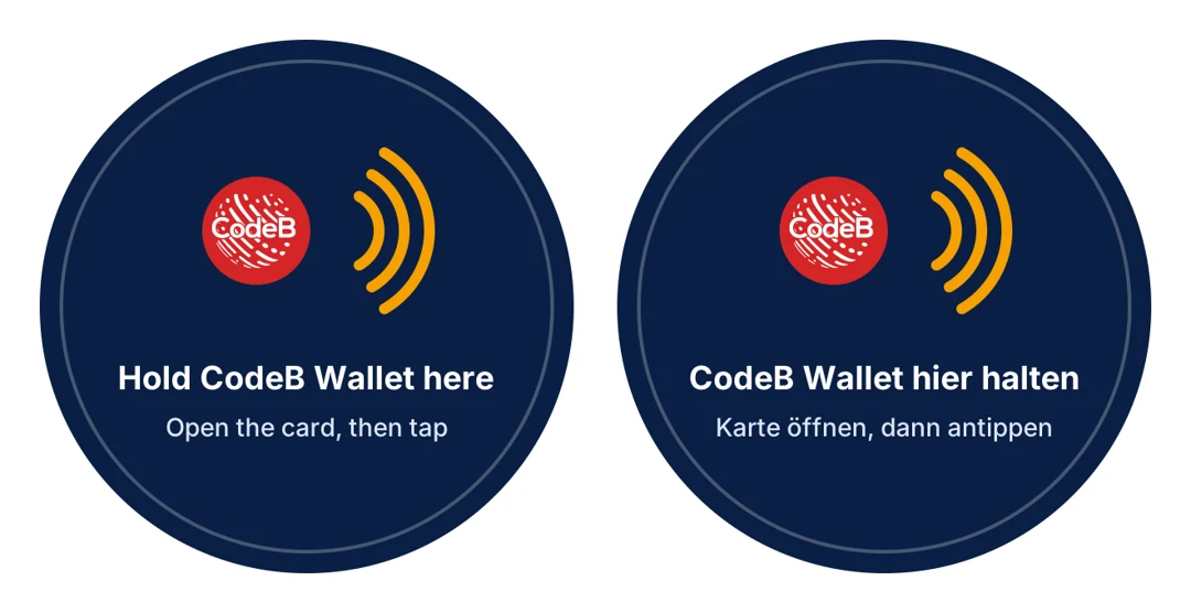 L-istiker tond ta’ CodeB għall-qarrej NFC: żomm CodeB Wallet hawn – iftaħ il-karta, imbagħad mess