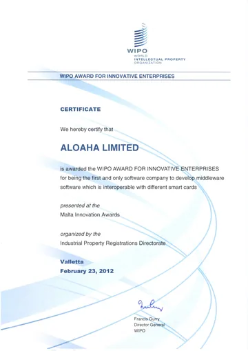 Certificat du prix de l’OMPI pour les entreprises innovantes décerné à Aloaha Limited, Malta Innovation Awards, La Valette, 23 février 2012